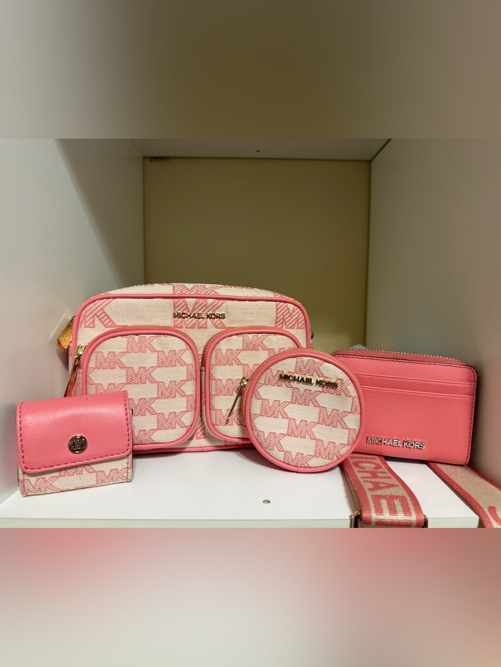 Michael Kors Pink and Cream Logo Canvas Crossbody Set